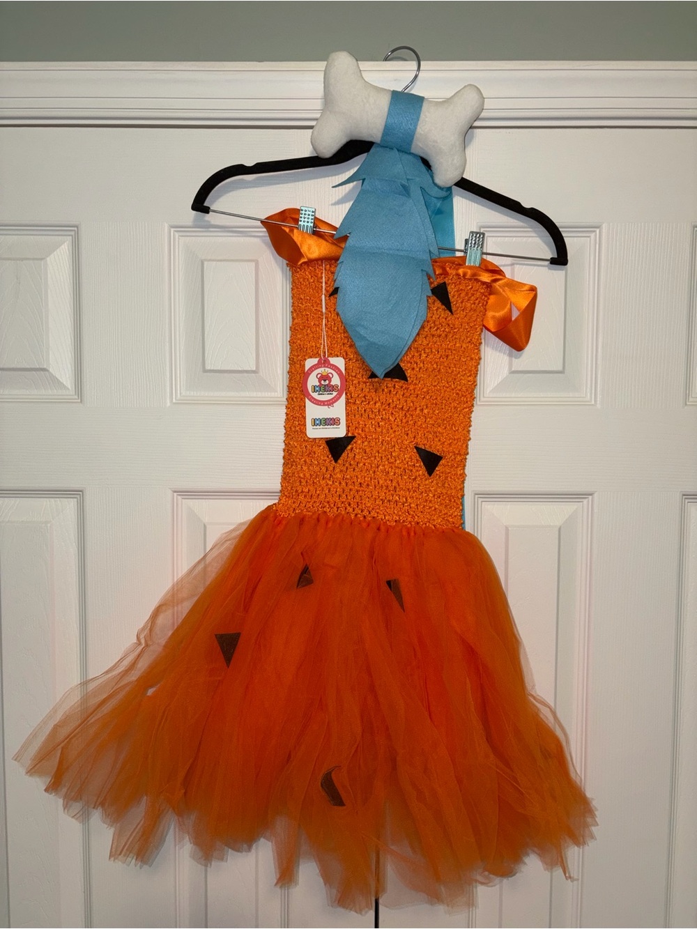 Kids Orange Tulle Cartoon Pebbles Costume with Blue belt w bone size 9-10
